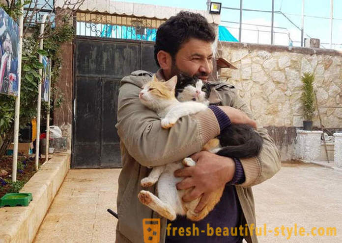 Der Mann in dem vom Krieg zerrütteten Aleppo blieb zu kümmern ausgesetzte Tiere